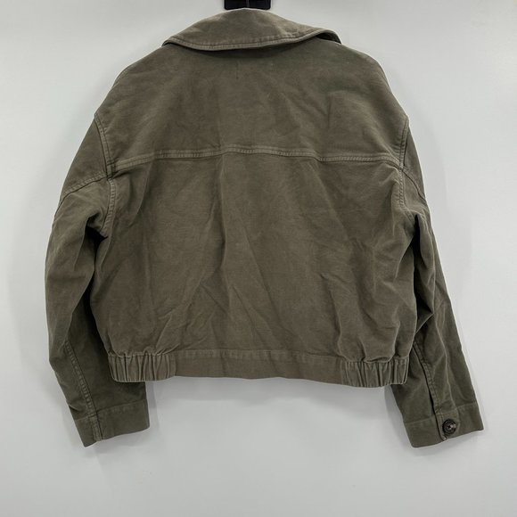 Everlane The Moleskin Utility Olive Green Distressed Cropped Jacket - Picture 4 of 9